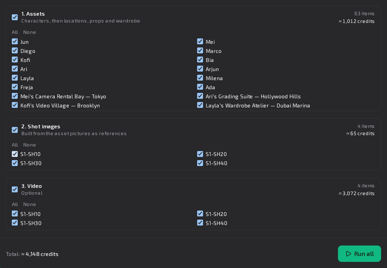 The three stages with their items and prices: assets, shot images, video, then the total.
