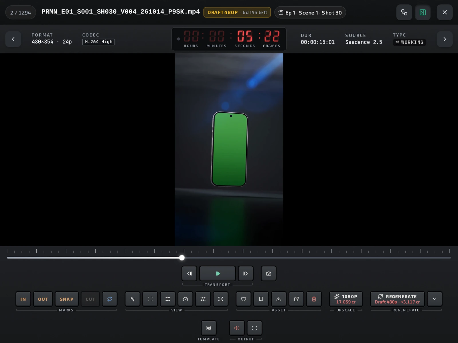 A 480p draft in the viewer: the DRAFT badge with the time left, and the 1080p key with the price of the final.